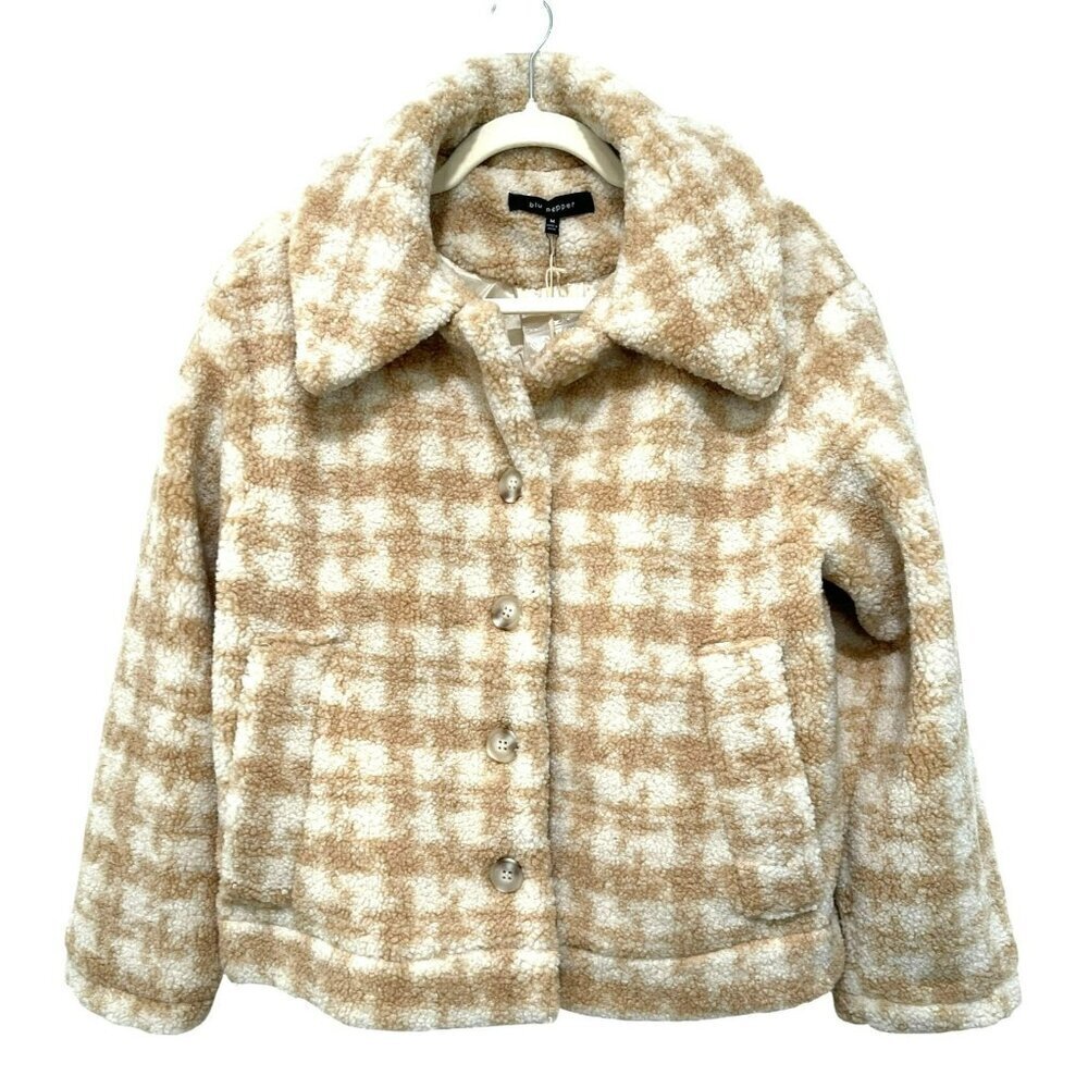 New Blue Pepper Plaid Fleece Sherpa Jacket Shacket Size Medium